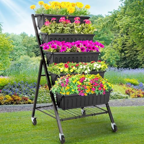 Homdox 5-Tier Vertical Garden Bed With Lockable Caster Wheels and Storage Rack - 4ft Vertical Raised Bed With 5 Garden Planter Boxes- Perfect to Grow Vegetables Herbs Flowers Indoor(black)