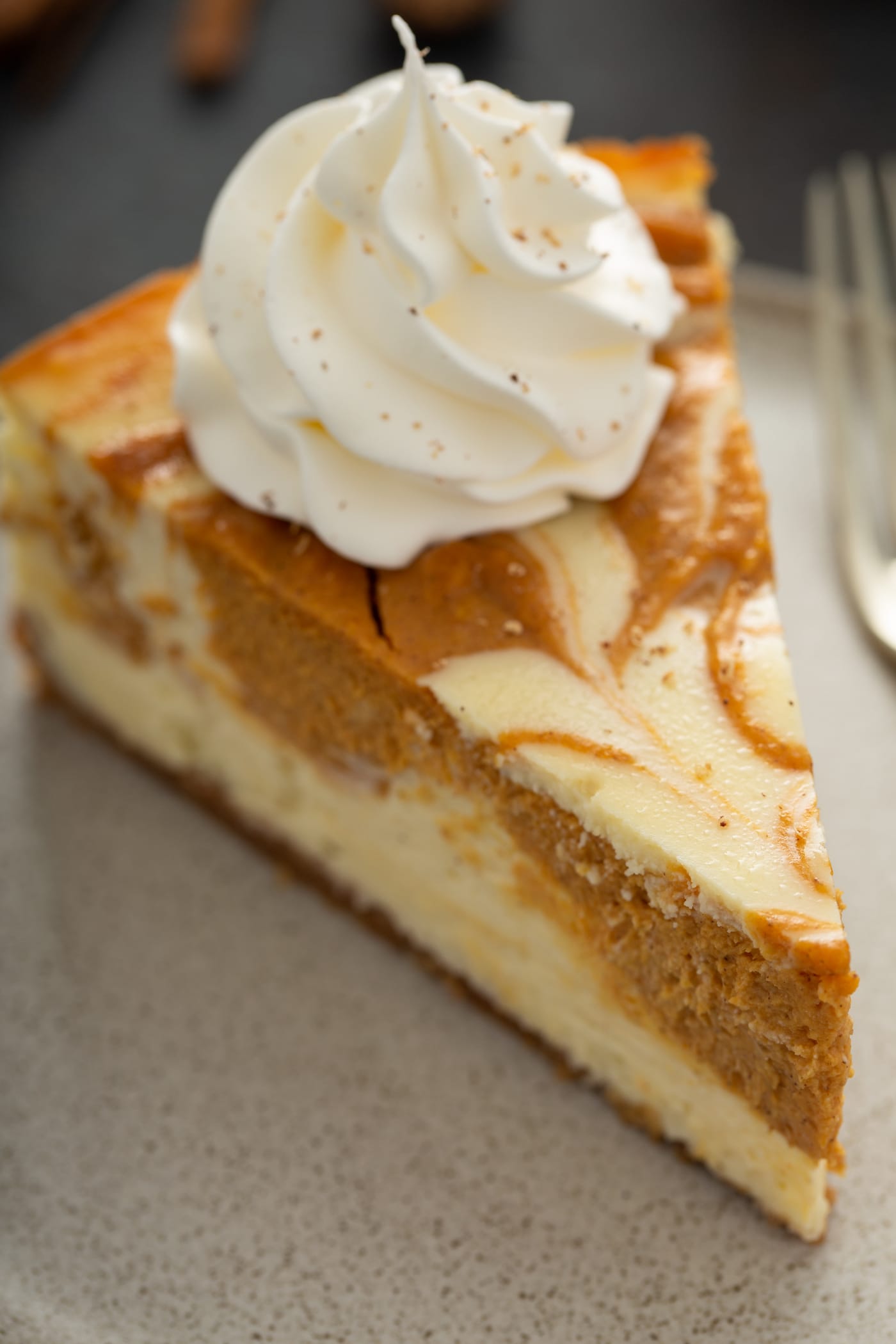 A slice of swirled pumpkin cheesecake with a dollop of whipped cream on top.
