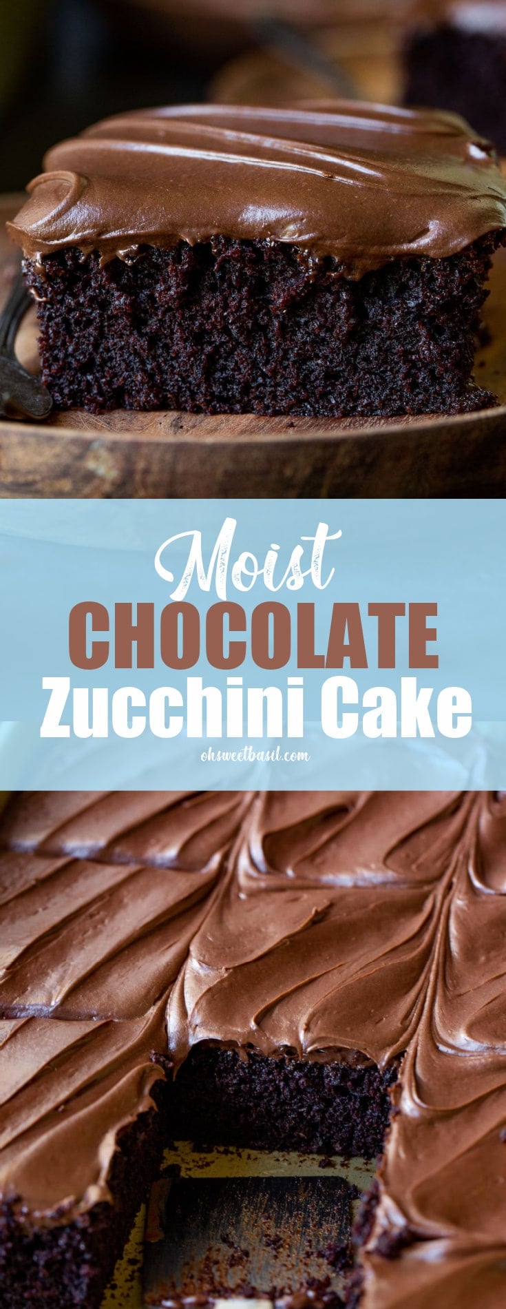 A top view of a moist chocolate zucchini cake with chocolate cream cheese frosting. The cake has been cut but not served.