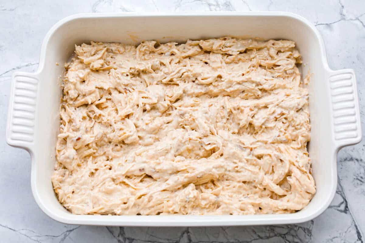 Ingredients all mixed together and added to a baking dish. 