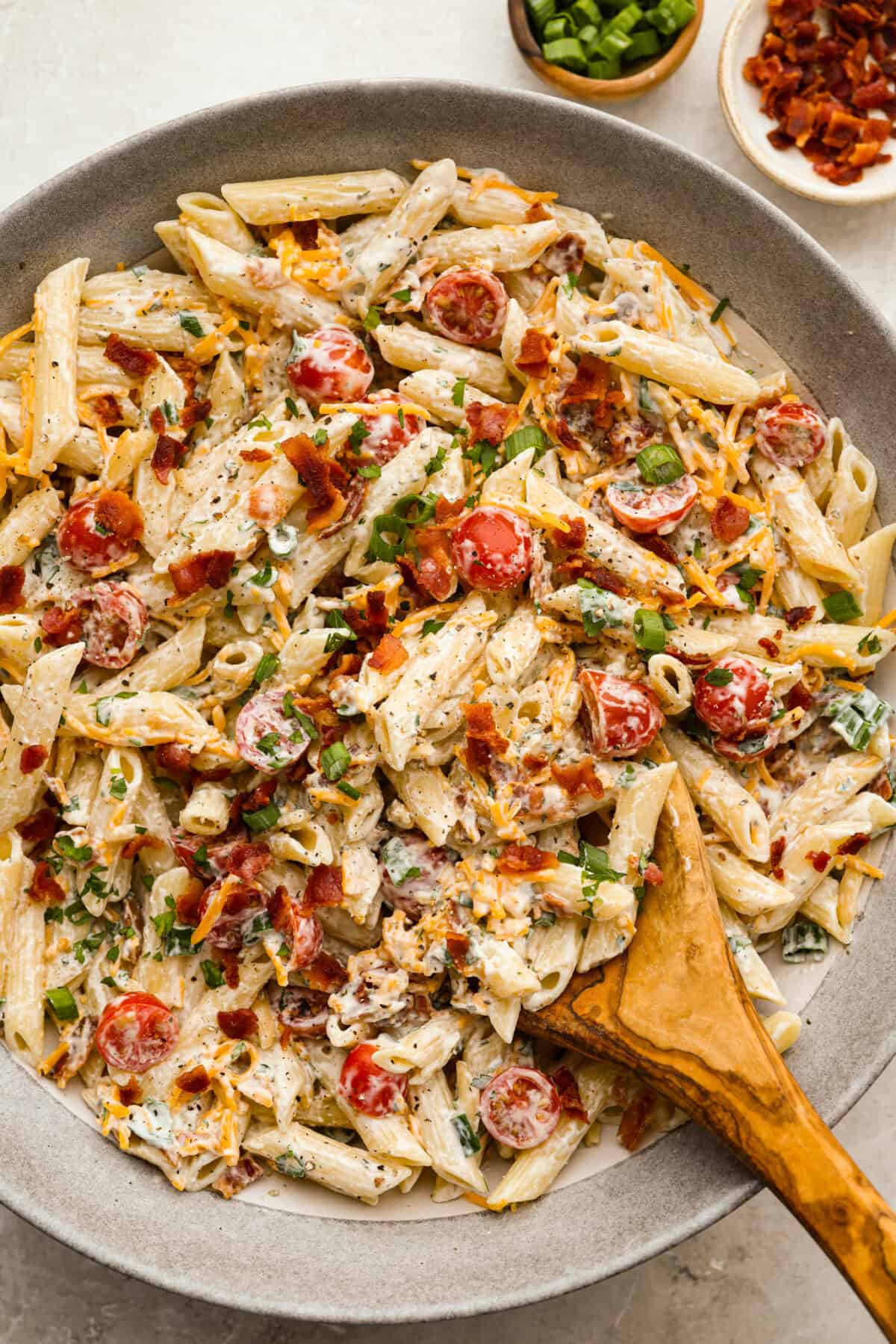 Large bowl of creamy million dollar pasta salad. 