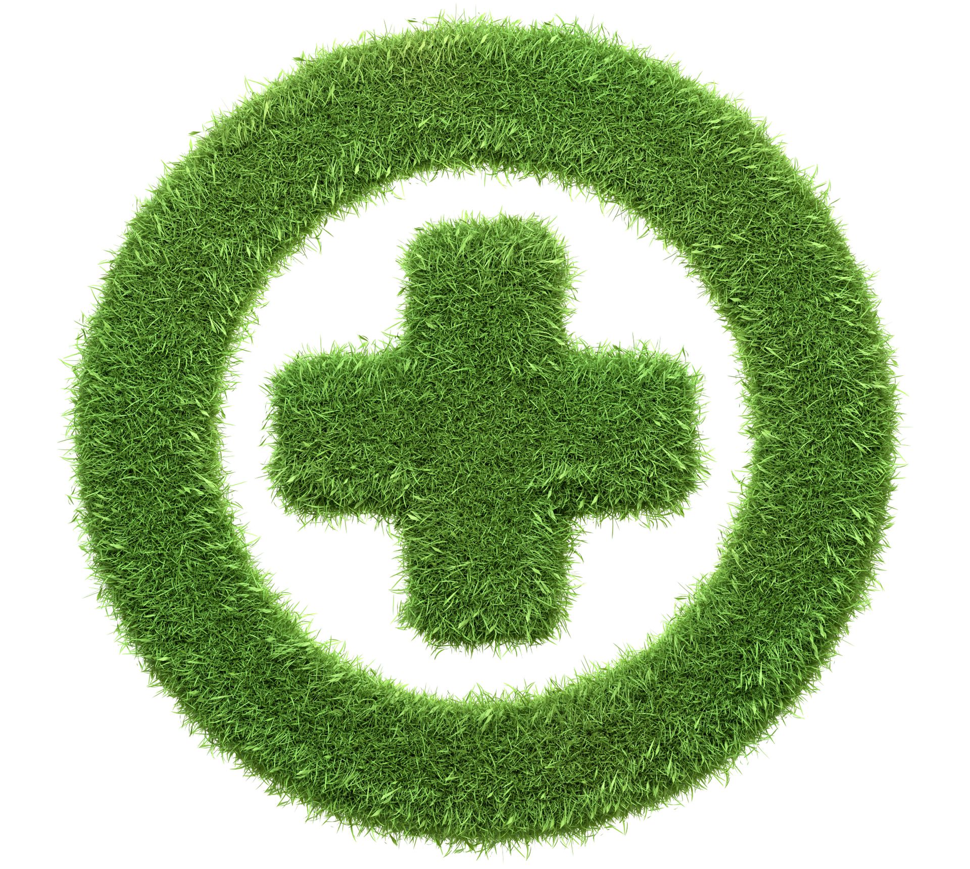 A medical plus sign enclosed in a circle, crafted from green grass