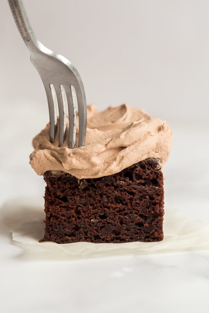 piece of chocolate zucchini cake with fork