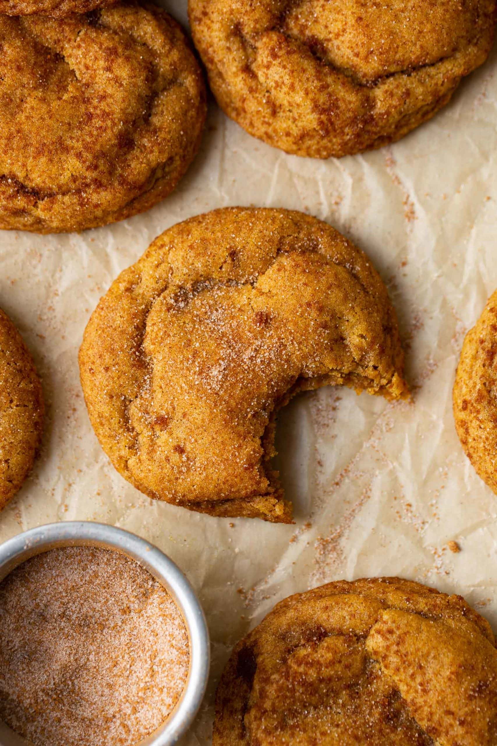 A chewy pumpkin cookie with a bite taken out of it. It is dense and chewy and has brown sugar and cinnamon on top.