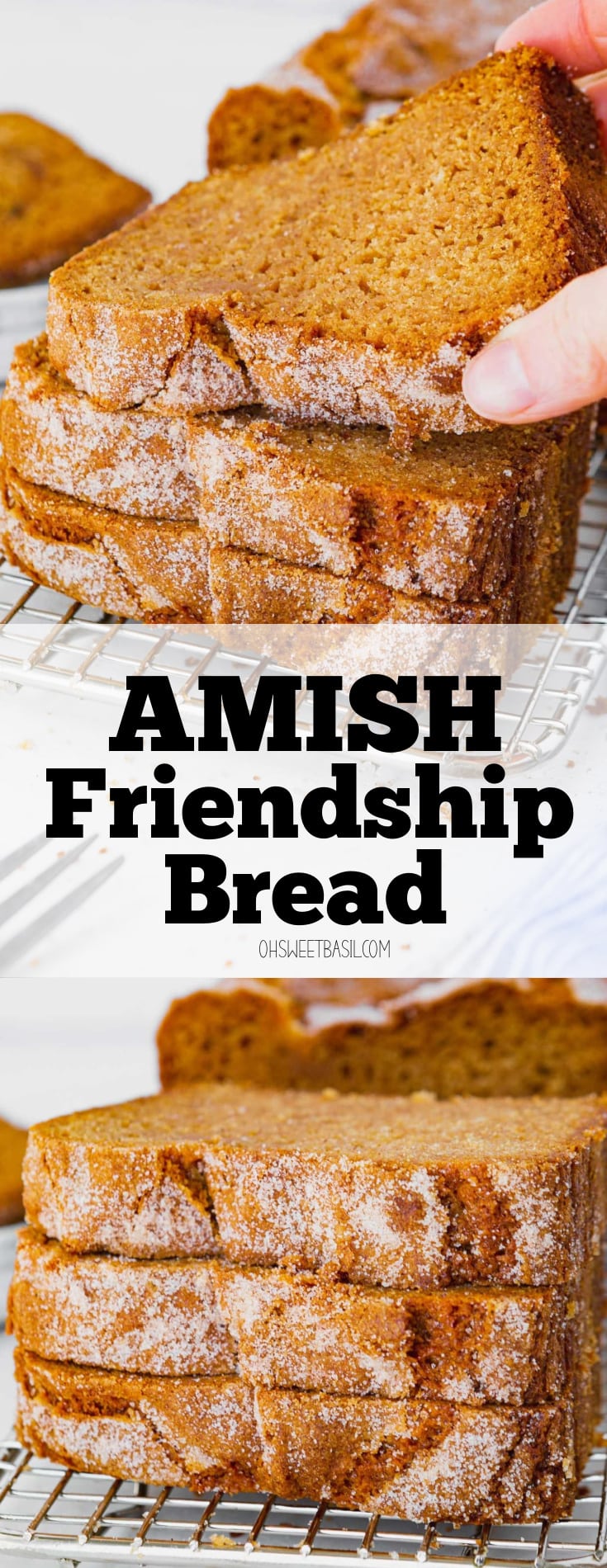 a photo of a stack of slices of amish friendship bread with someone's hand grabbing the top slice from the stack. a photo of a stack of slices of amish friendship bread with someone's hand grabbing the top slice from the stack.
