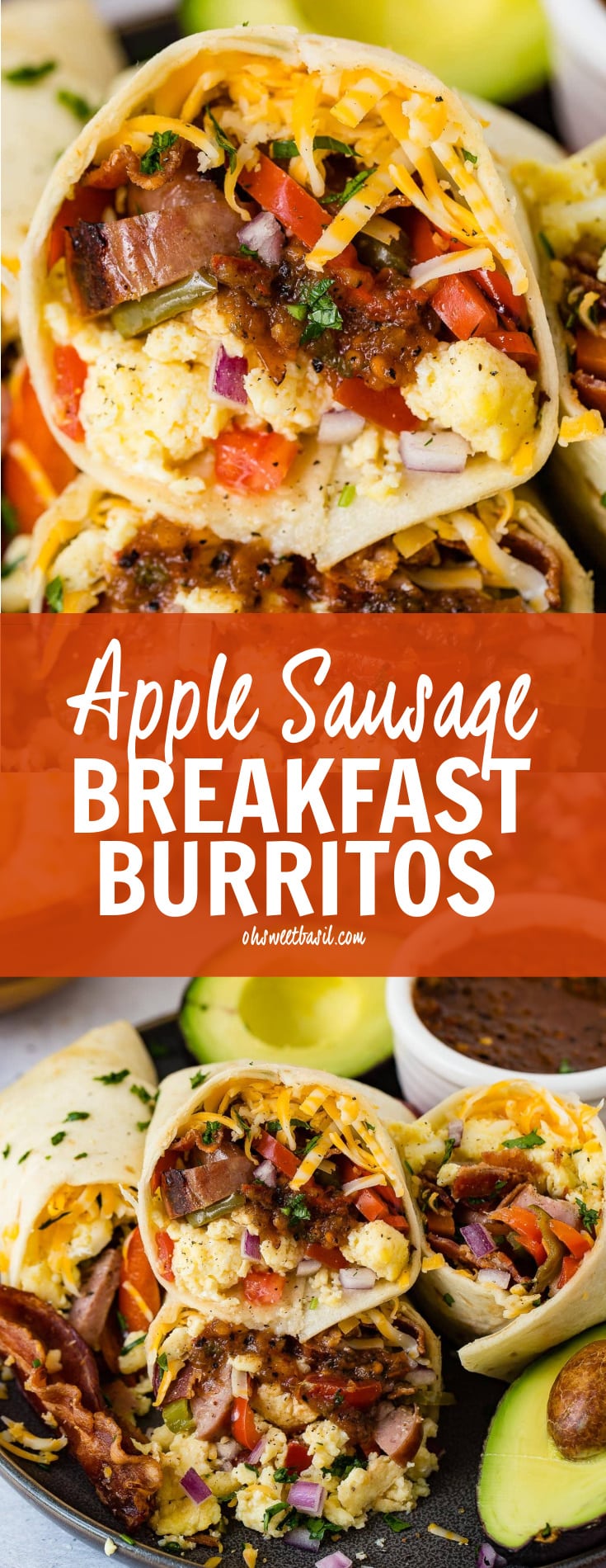 A plate with two apple chicken sausage burritos. The burrito has sausage, eggs, cheese. There is a bowl of salsa and an avocado that is cut in half next to the burritos. A plate with two apple chicken sausage burritos. The burrito has sausage, eggs, cheese. There is a bowl of salsa and an avocado that is cut in half next to the burritos.