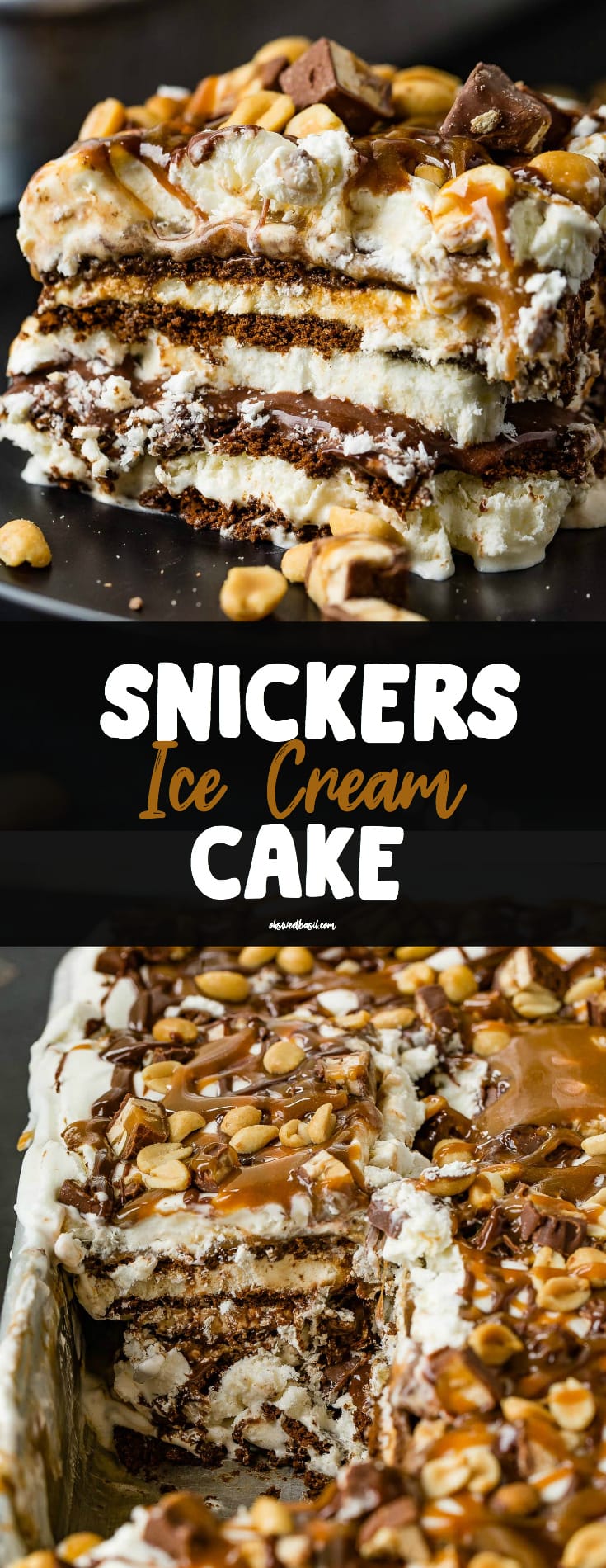 A square piece of snickers ice cream cake on a brown dessert plate. There are layers of ice cream, chocolate cake, fudge, caramel and peanuts. There is fudge and whipped cream on top and salted peanuts are sprinkled over the whole thing. A pan of snickers ice cream cake is in the background.