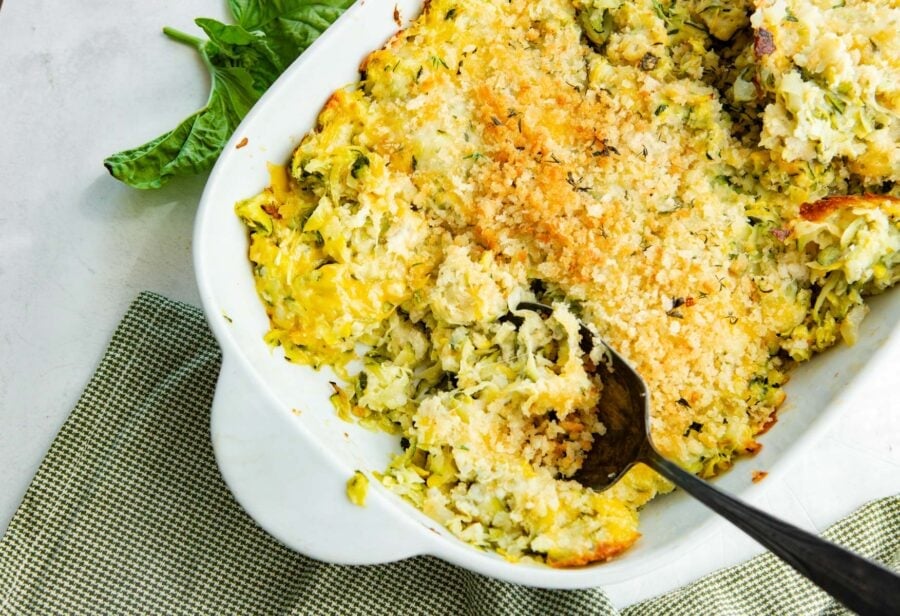 Cheesy zucchini casserole with a golden crispy panko breadcrumb topping Cheesy zucchini casserole with a golden crispy panko breadcrumb topping
