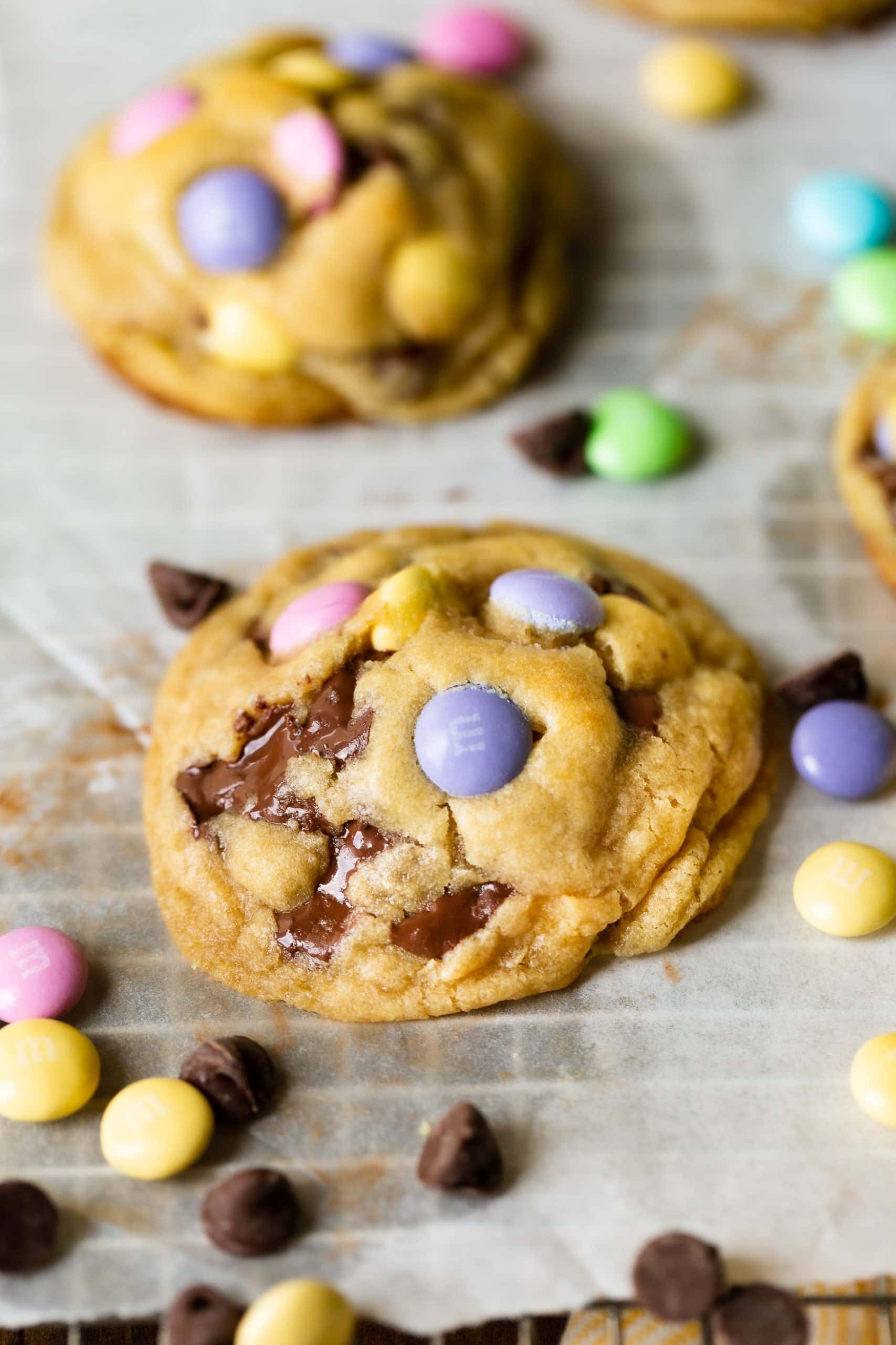 a photo of a single thick and chewy golden chocolate chip Easter m&m cookie sitting on a piece of parchment paper with other cookies in the background. a photo of a single thick and chewy golden chocolate chip Easter m&m cookie sitting on a piece of parchment paper with other cookies in the background.