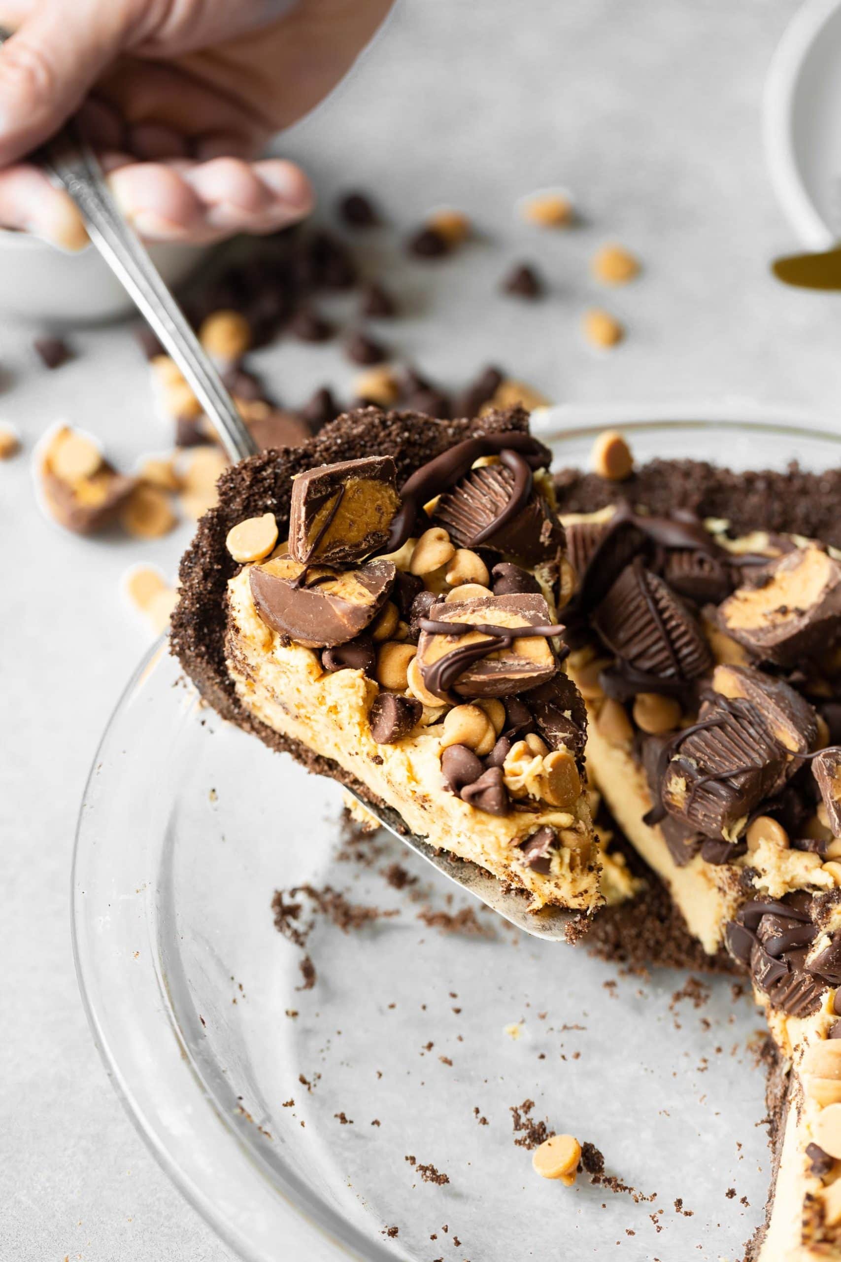a photo of a slice of peanut butter pie being removed from the whole pie with a pie server. a photo of a slice of peanut butter pie being removed from the whole pie with a pie server.