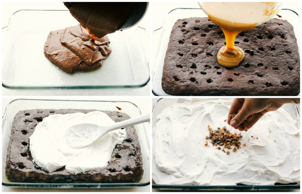 The process of making better than anything cake in four photos showing the batter being poured in a cake pan, the chocolate cake poked with caramel sauce poured in the holes, then the cool whip being spread of top and the heath sprinkled. 