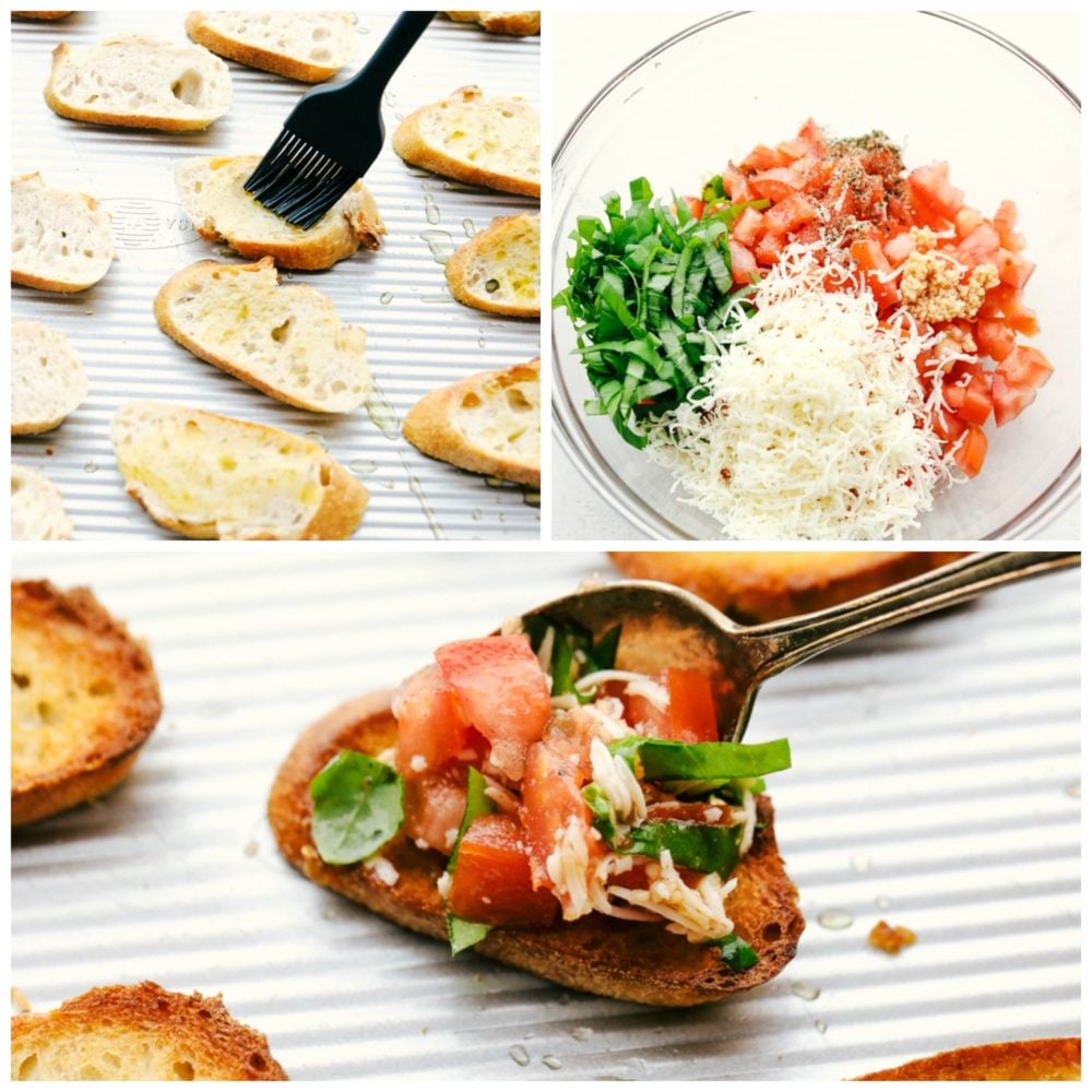 The process of making bruschetta in three photos starting with the brushing on the bread then making the tomato mixture and add it onto of each bread. 